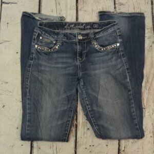 L.A. Idol Women's Rhinestone Studded Embroidered Bootcut Blue Jeans